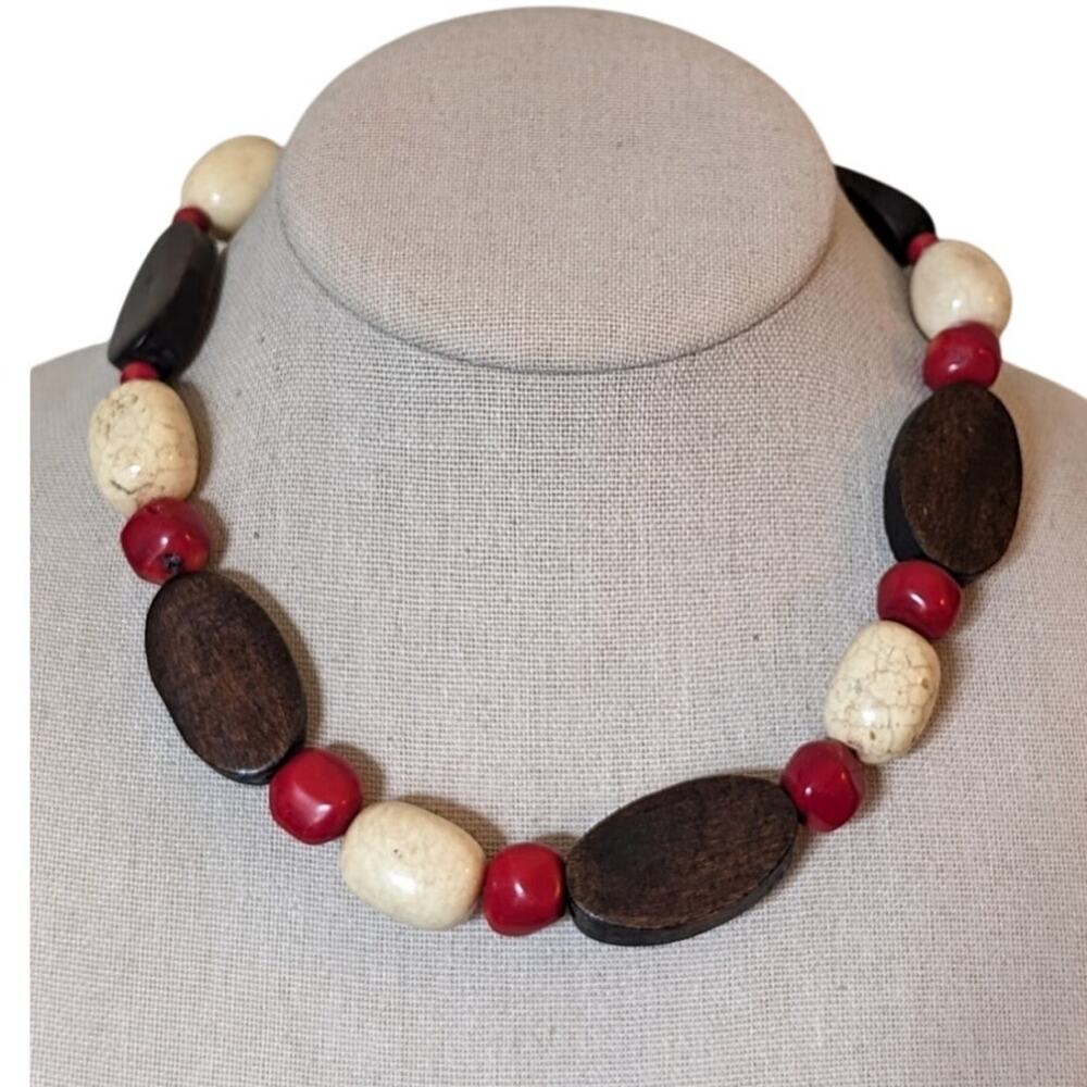 Chunky Cream Stone Coral and Wooden Bead Statement Necklace W/ Toggle Clasp